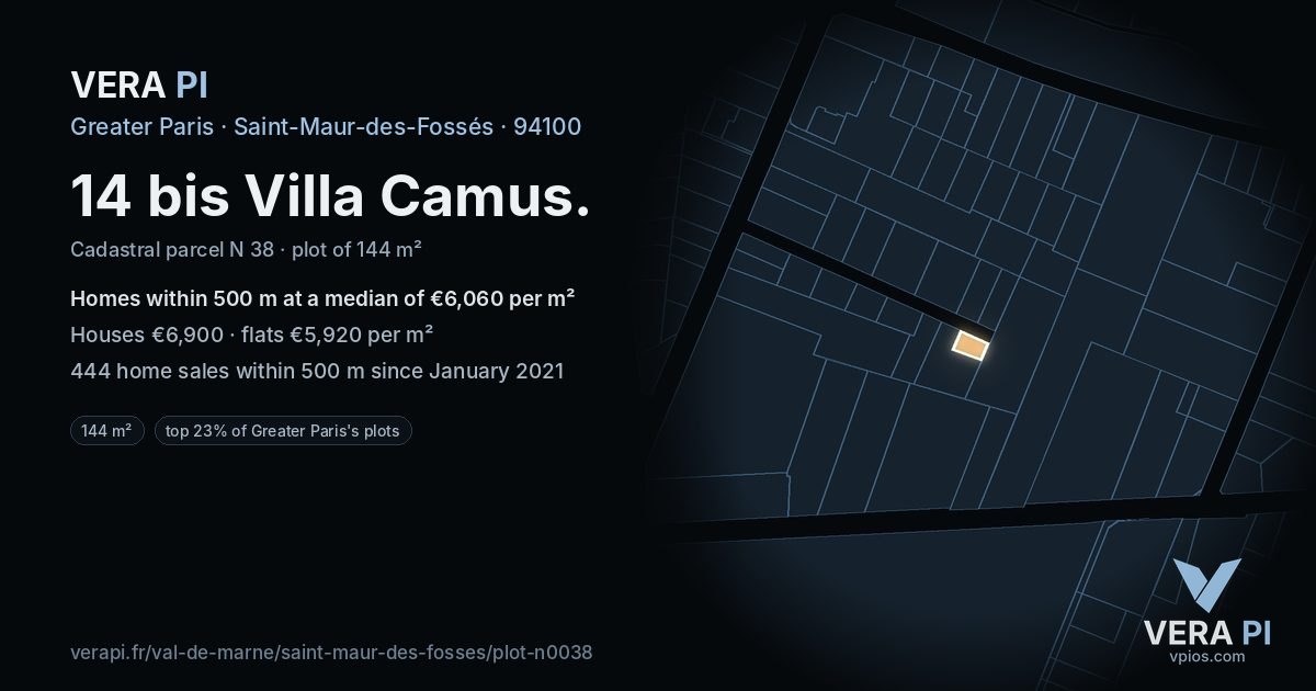 14 bis Villa Camus, Saint-Maur-des-Fossés at night – the plot lit, the parcels around coloured by the prices near them
