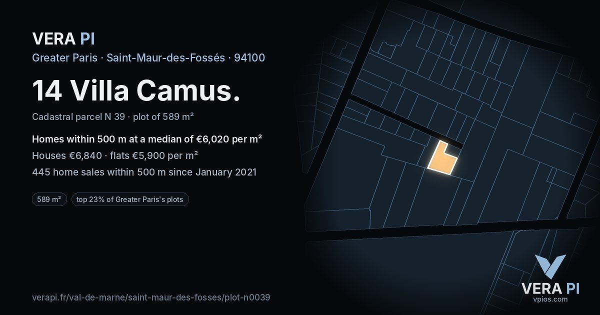 14 Villa Camus, Saint-Maur-des-Fossés at night – the plot lit, the parcels around coloured by the prices near them
