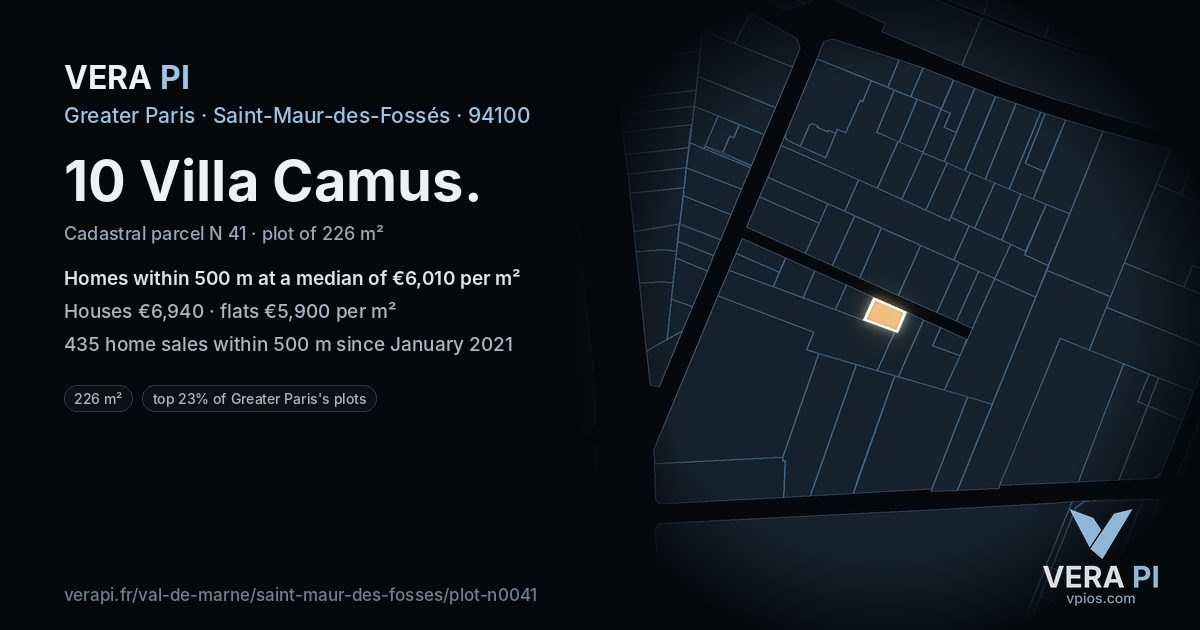 10 Villa Camus, Saint-Maur-des-Fossés at night – the plot lit, the parcels around coloured by the prices near them