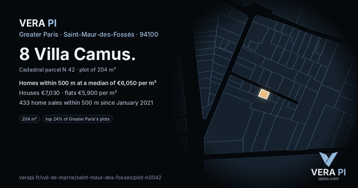 8 Villa Camus, Saint-Maur-des-Fossés at night – the plot lit, the parcels around coloured by the prices near them