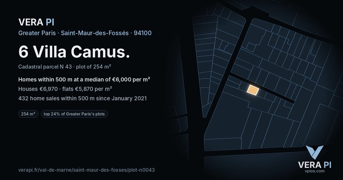 6 Villa Camus, Saint-Maur-des-Fossés at night – the plot lit, the parcels around coloured by the prices near them