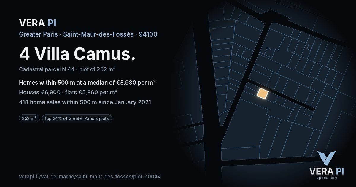 4 Villa Camus, Saint-Maur-des-Fossés at night – the plot lit, the parcels around coloured by the prices near them