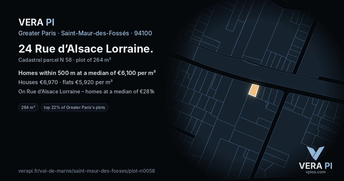 24 Rue d’Alsace Lorraine, Saint-Maur-des-Fossés at night – the plot lit, the parcels around coloured by the prices near them