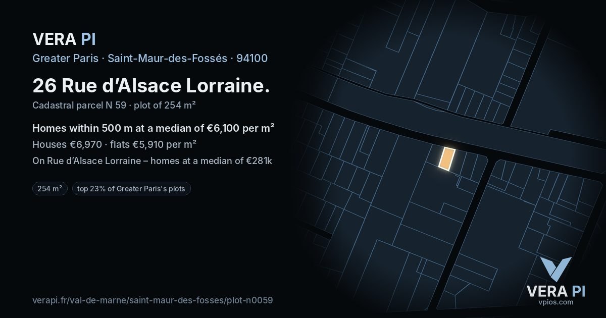 26 Rue d’Alsace Lorraine, Saint-Maur-des-Fossés at night – the plot lit, the parcels around coloured by the prices near them