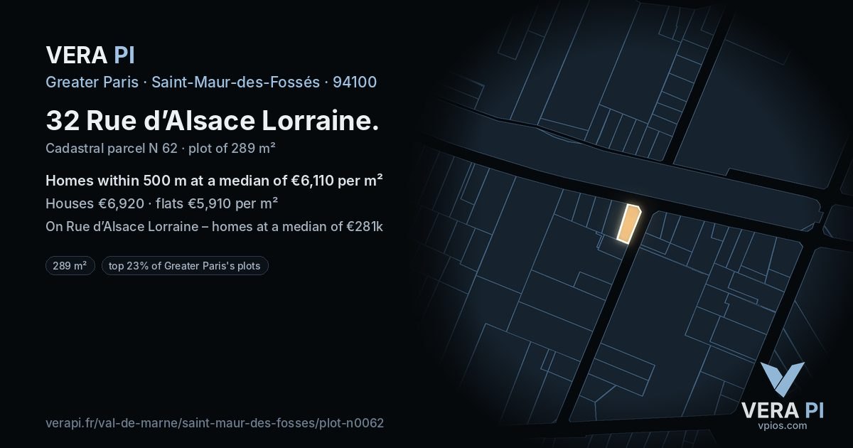 32 Rue d’Alsace Lorraine, Saint-Maur-des-Fossés at night – the plot lit, the parcels around coloured by the prices near them
