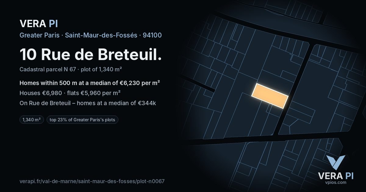10 Rue de Breteuil, Saint-Maur-des-Fossés at night – the plot lit, the parcels around coloured by the prices near them