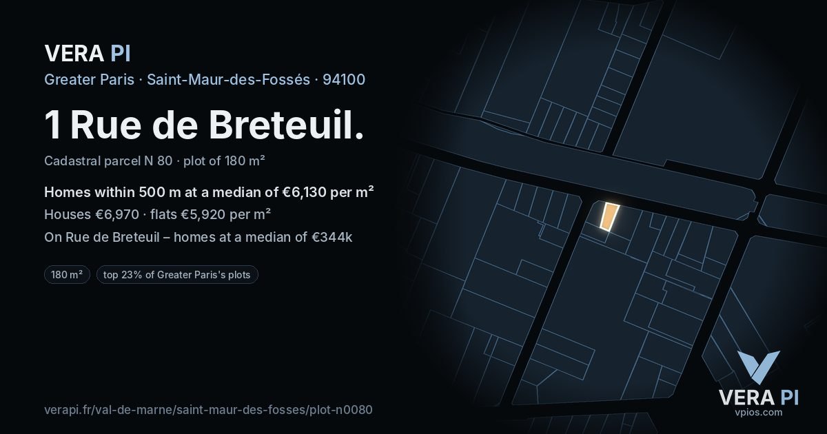 1 Rue de Breteuil, Saint-Maur-des-Fossés at night – the plot lit, the parcels around coloured by the prices near them