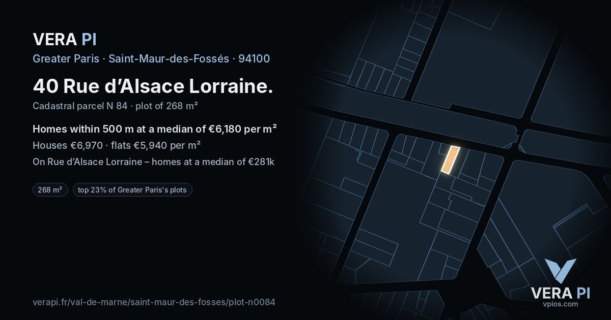 40 Rue d’Alsace Lorraine, Saint-Maur-des-Fossés at night – the plot lit, the parcels around coloured by the prices near them