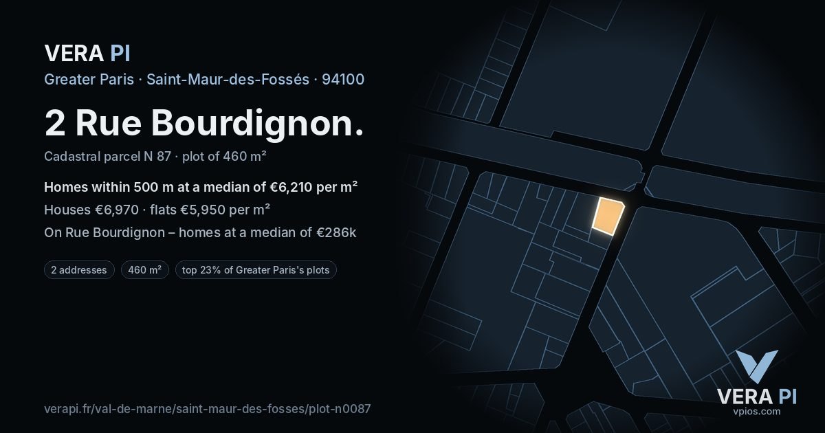 2 Rue Bourdignon, Saint-Maur-des-Fossés at night – the plot lit, the parcels around coloured by the prices near them
