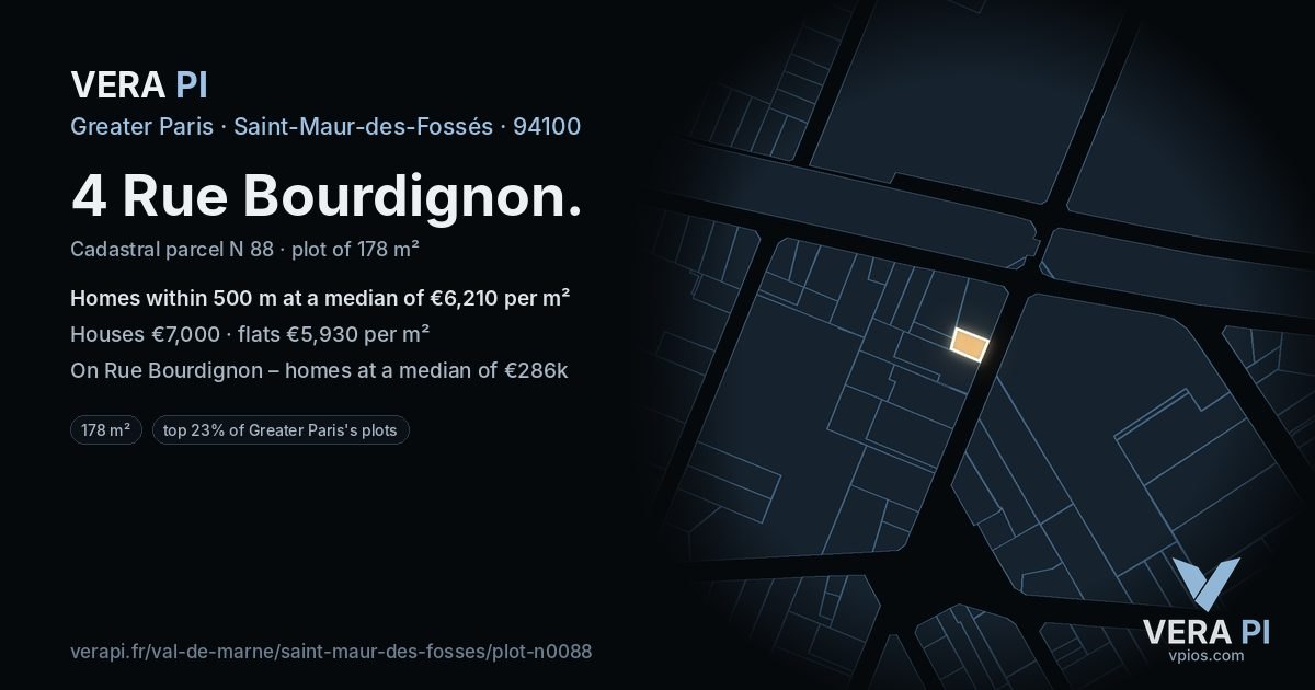 4 Rue Bourdignon, Saint-Maur-des-Fossés at night – the plot lit, the parcels around coloured by the prices near them