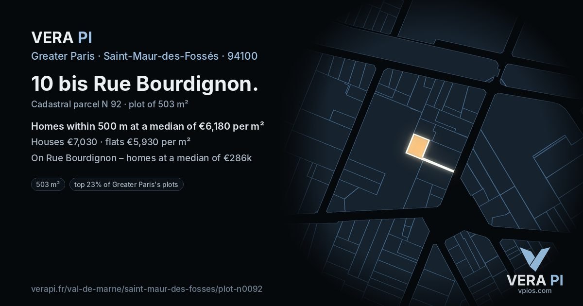 10 bis Rue Bourdignon, Saint-Maur-des-Fossés at night – the plot lit, the parcels around coloured by the prices near them