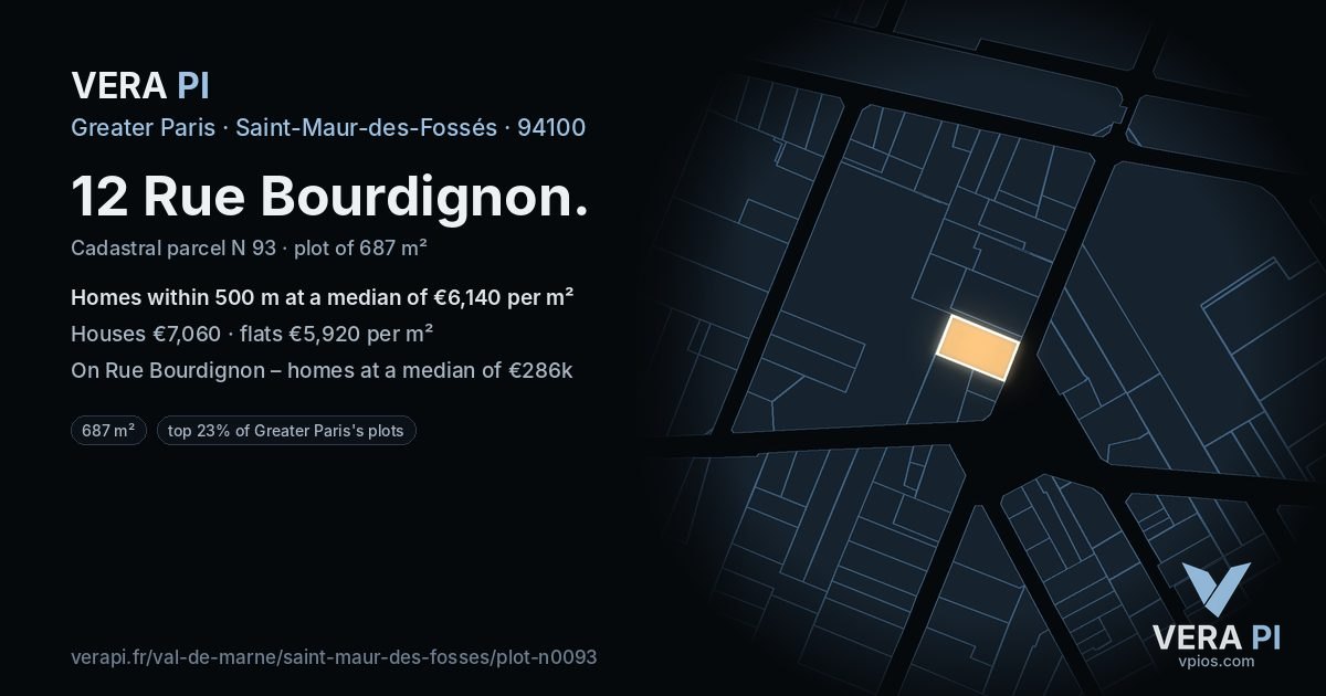 12 Rue Bourdignon, Saint-Maur-des-Fossés at night – the plot lit, the parcels around coloured by the prices near them