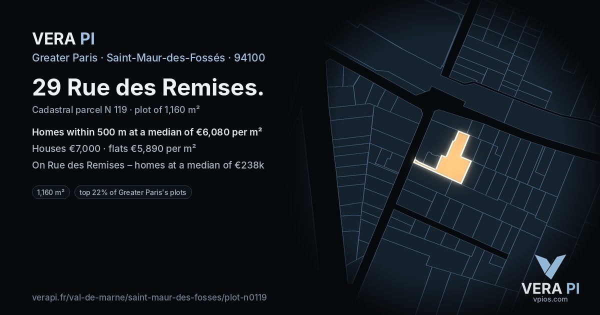 29 Rue des Remises, Saint-Maur-des-Fossés at night – the plot lit, the parcels around coloured by the prices near them