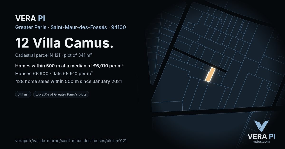 12 Villa Camus, Saint-Maur-des-Fossés at night – the plot lit, the parcels around coloured by the prices near them