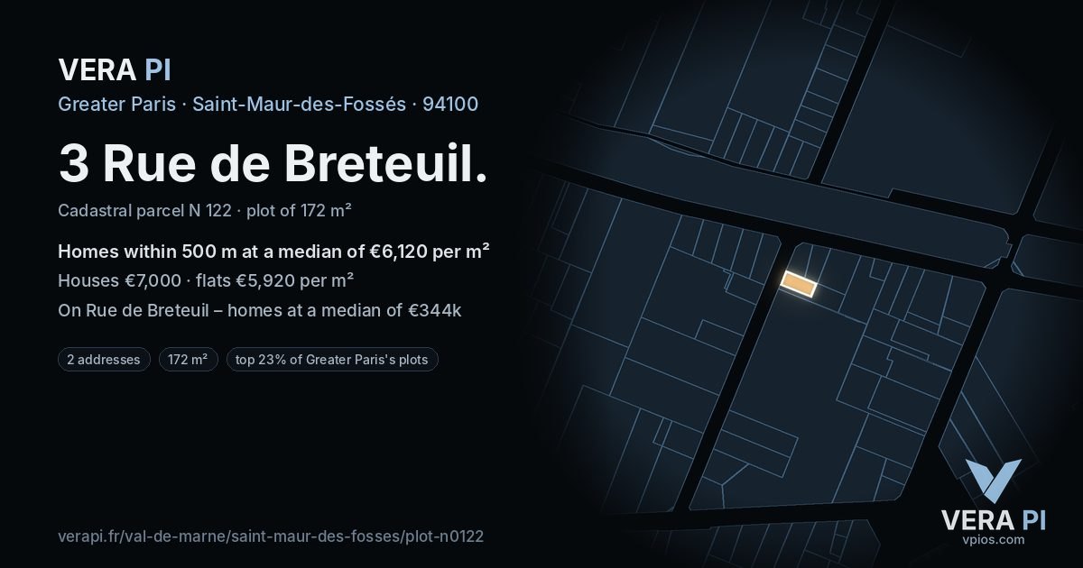 3 Rue de Breteuil, Saint-Maur-des-Fossés at night – the plot lit, the parcels around coloured by the prices near them