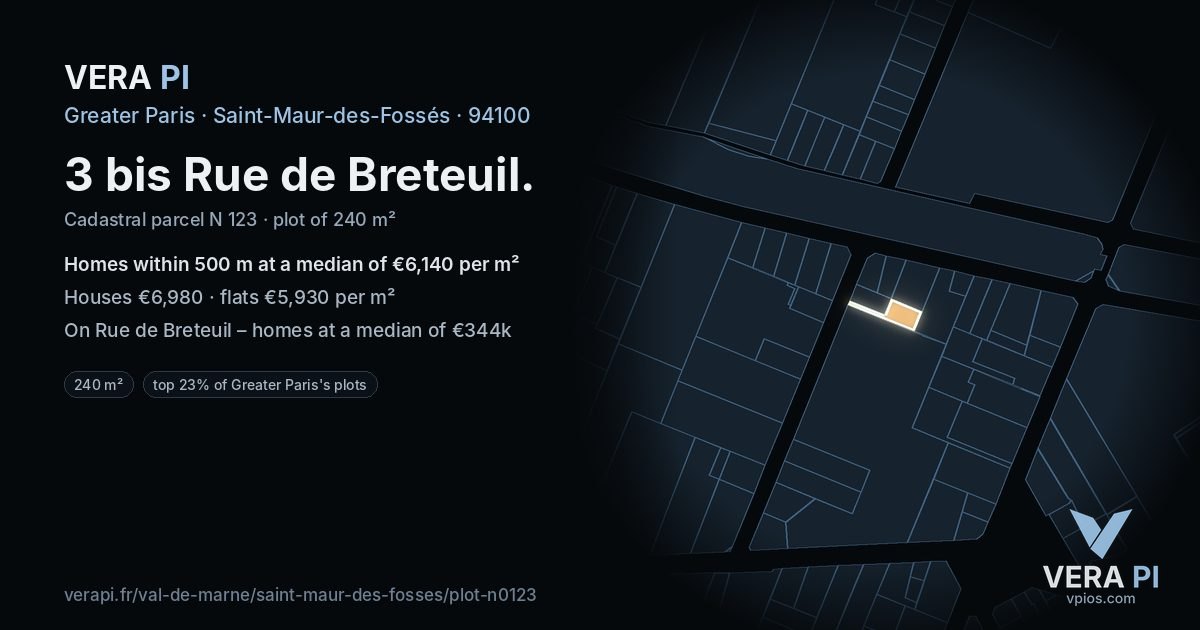 3 bis Rue de Breteuil, Saint-Maur-des-Fossés at night – the plot lit, the parcels around coloured by the prices near them