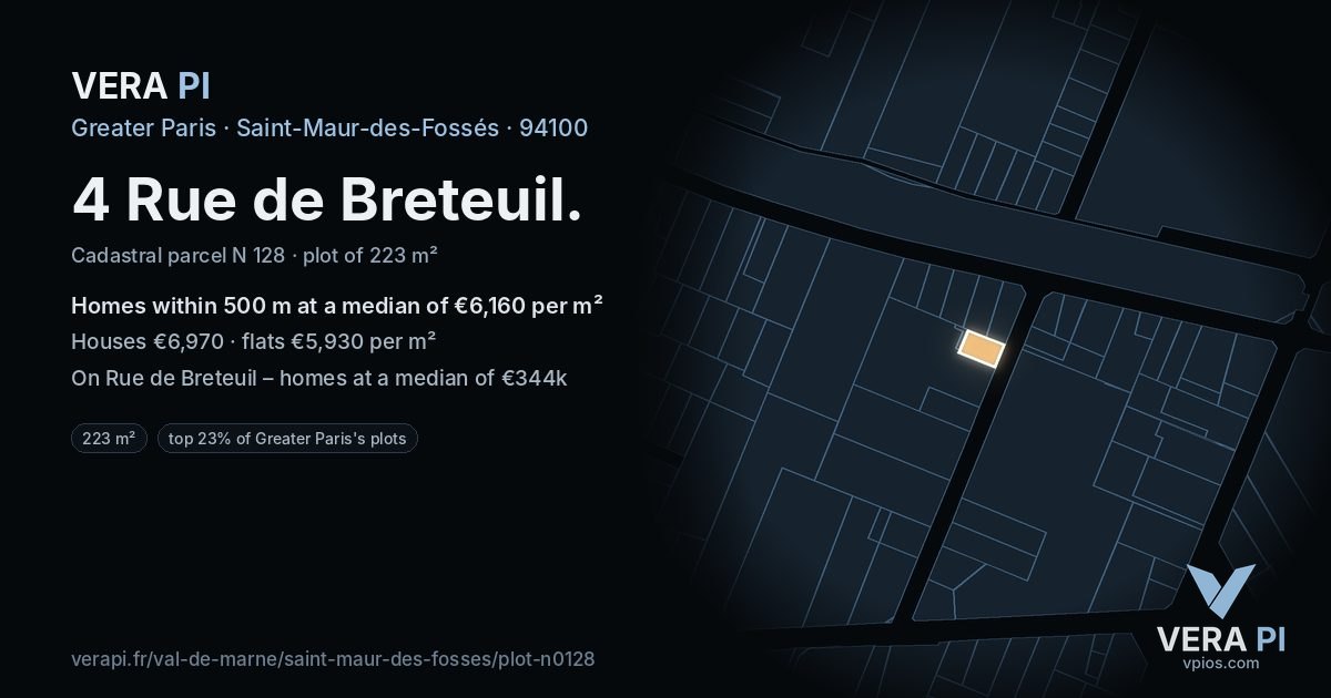 4 Rue de Breteuil, Saint-Maur-des-Fossés at night – the plot lit, the parcels around coloured by the prices near them