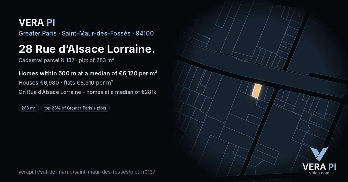 28 Rue d’Alsace Lorraine, Saint-Maur-des-Fossés at night – the plot lit, the parcels around coloured by the prices near them