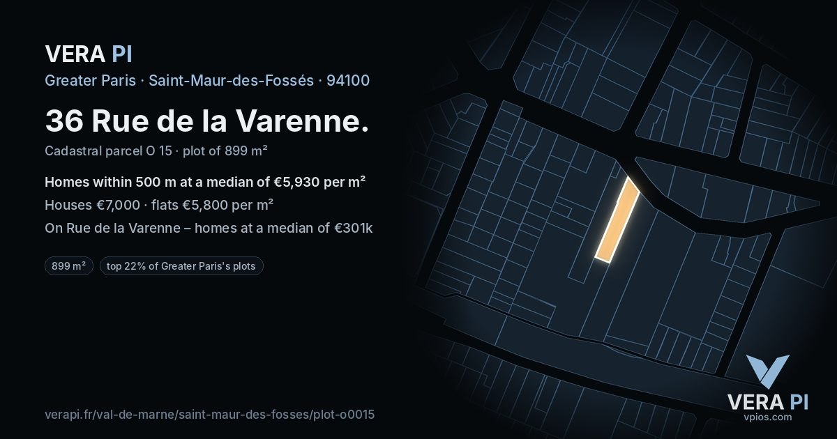 36 Rue de la Varenne, Saint-Maur-des-Fossés at night – the plot lit, the parcels around coloured by the prices near them