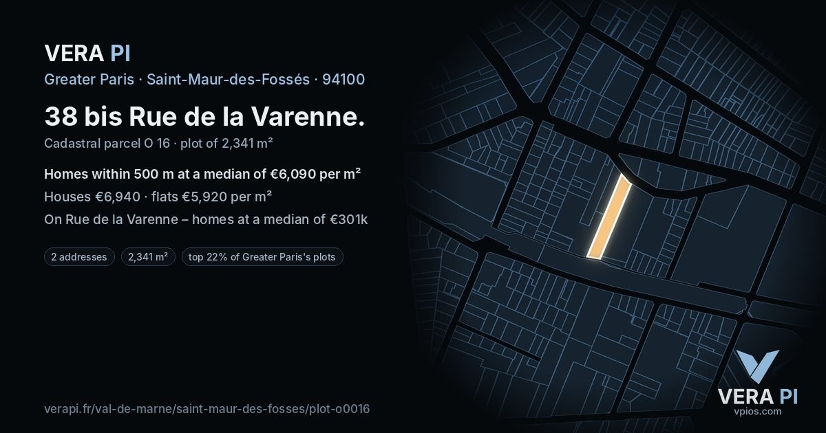 38 bis Rue de la Varenne, Saint-Maur-des-Fossés at night – the plot lit, the parcels around coloured by the prices near them