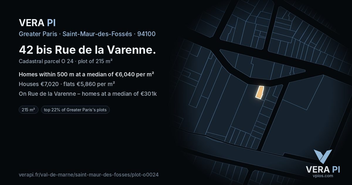 42 bis Rue de la Varenne, Saint-Maur-des-Fossés at night – the plot lit, the parcels around coloured by the prices near them