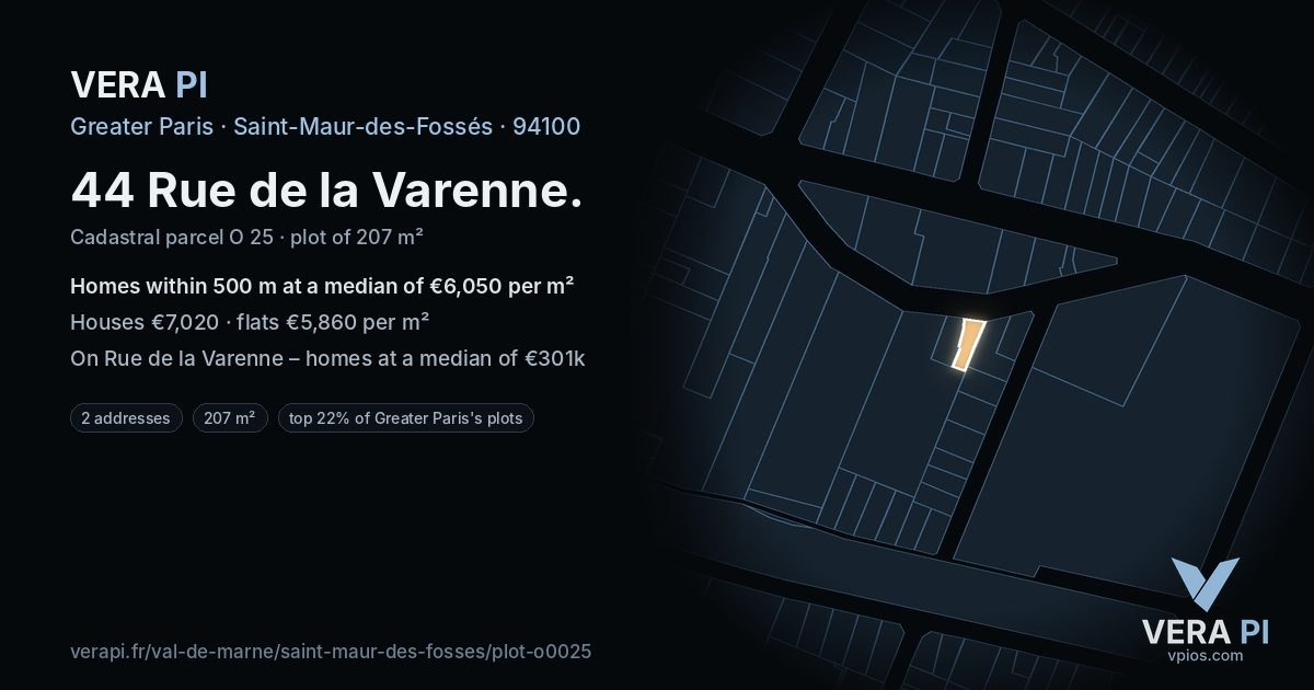 44 Rue de la Varenne, Saint-Maur-des-Fossés at night – the plot lit, the parcels around coloured by the prices near them