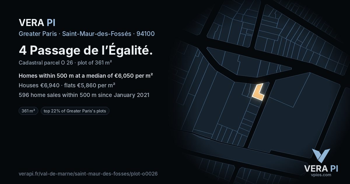 4 Passage de l’Égalité, Saint-Maur-des-Fossés at night – the plot lit, the parcels around coloured by the prices near them