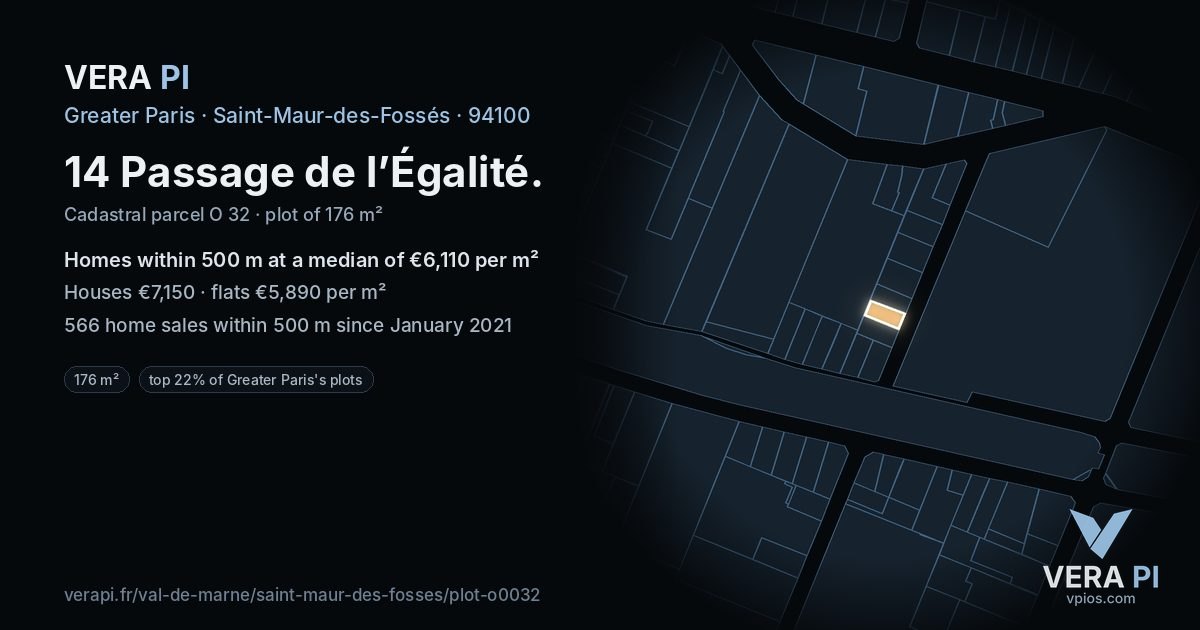 14 Passage de l’Égalité, Saint-Maur-des-Fossés at night – the plot lit, the parcels around coloured by the prices near them
