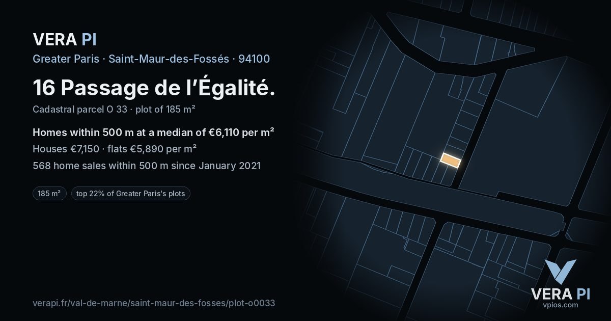 16 Passage de l’Égalité, Saint-Maur-des-Fossés at night – the plot lit, the parcels around coloured by the prices near them