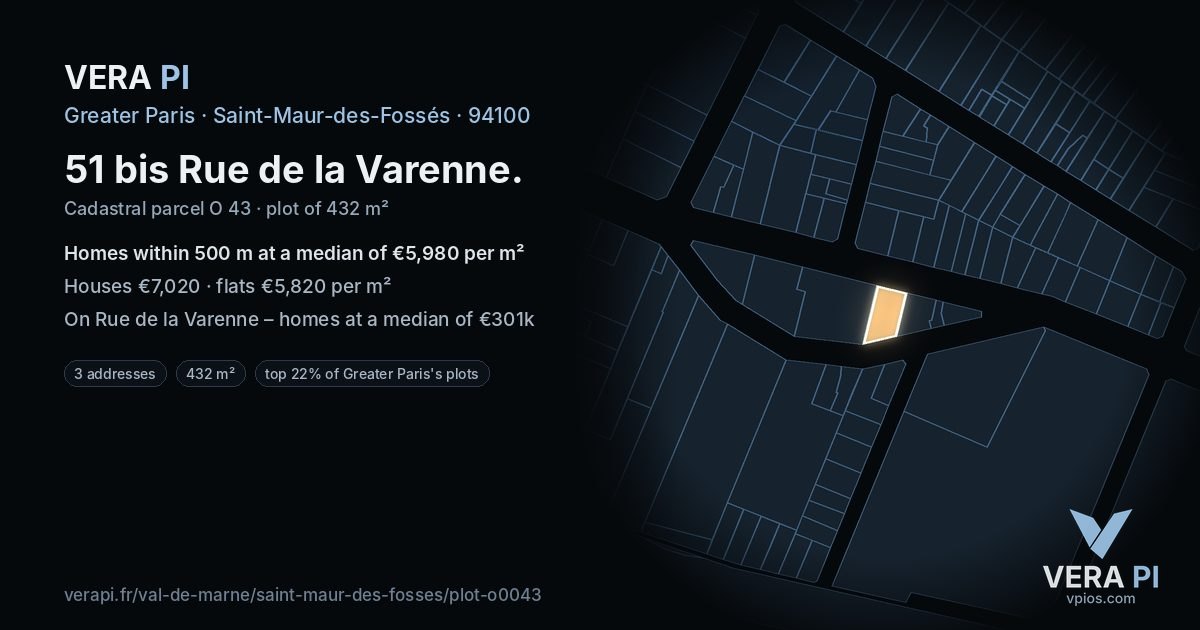 51 bis Rue de la Varenne, Saint-Maur-des-Fossés at night – the plot lit, the parcels around coloured by the prices near them