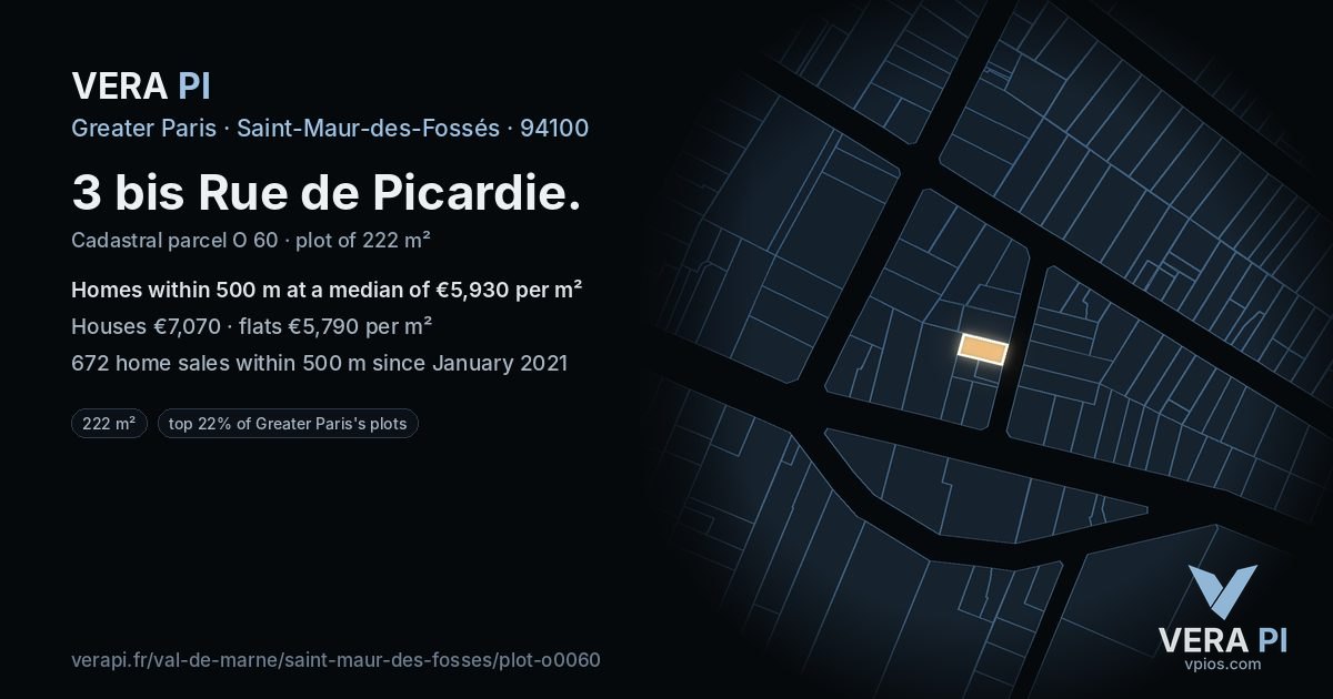 3 bis Rue de Picardie, Saint-Maur-des-Fossés at night – the plot lit, the parcels around coloured by the prices near them