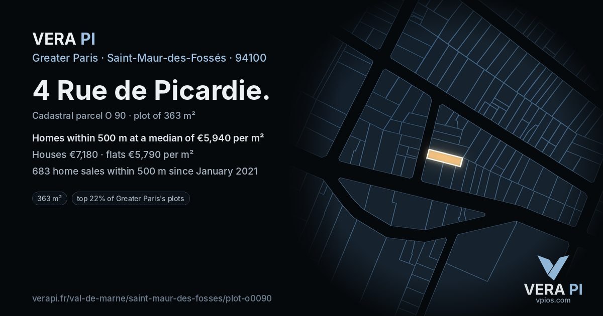 4 Rue de Picardie, Saint-Maur-des-Fossés at night – the plot lit, the parcels around coloured by the prices near them