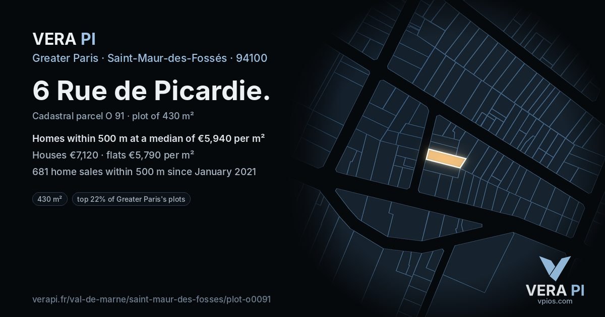 6 Rue de Picardie, Saint-Maur-des-Fossés at night – the plot lit, the parcels around coloured by the prices near them