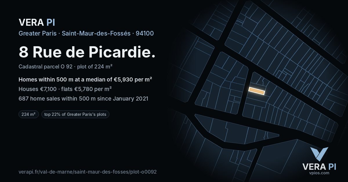 8 Rue de Picardie, Saint-Maur-des-Fossés at night – the plot lit, the parcels around coloured by the prices near them