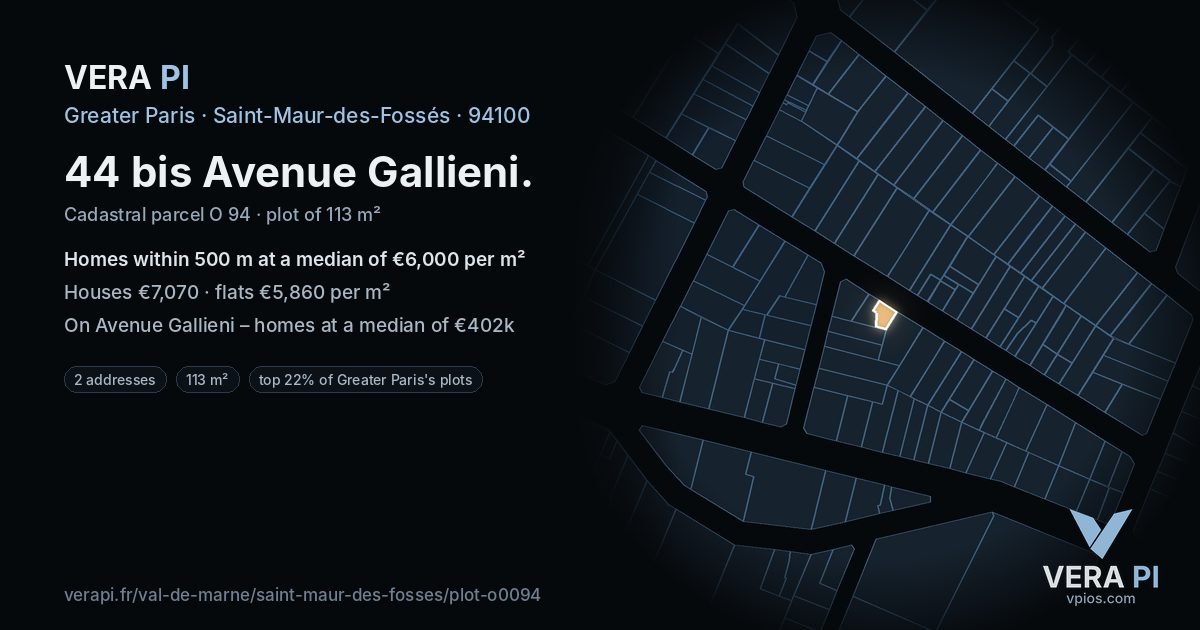 44 bis Avenue Gallieni, Saint-Maur-des-Fossés at night – the plot lit, the parcels around coloured by the prices near them