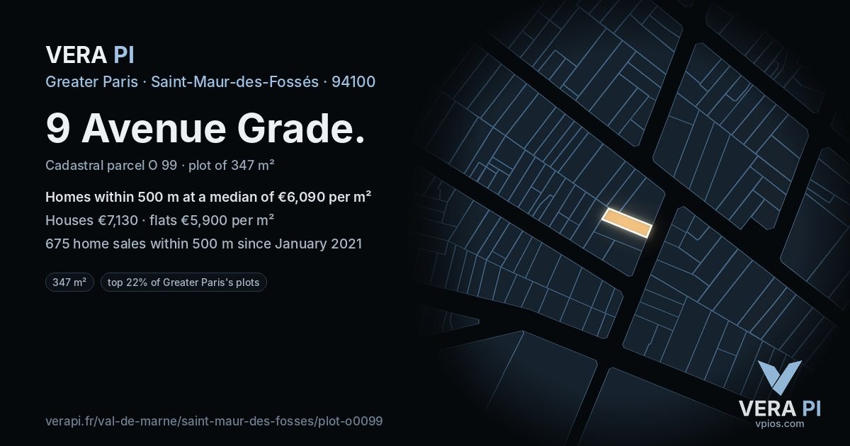 9 Avenue Grade, Saint-Maur-des-Fossés at night – the plot lit, the parcels around coloured by the prices near them