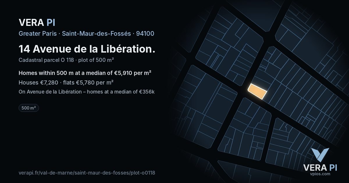 14 Avenue de la Libération, Saint-Maur-des-Fossés at night – the plot lit, the parcels around coloured by the prices near them