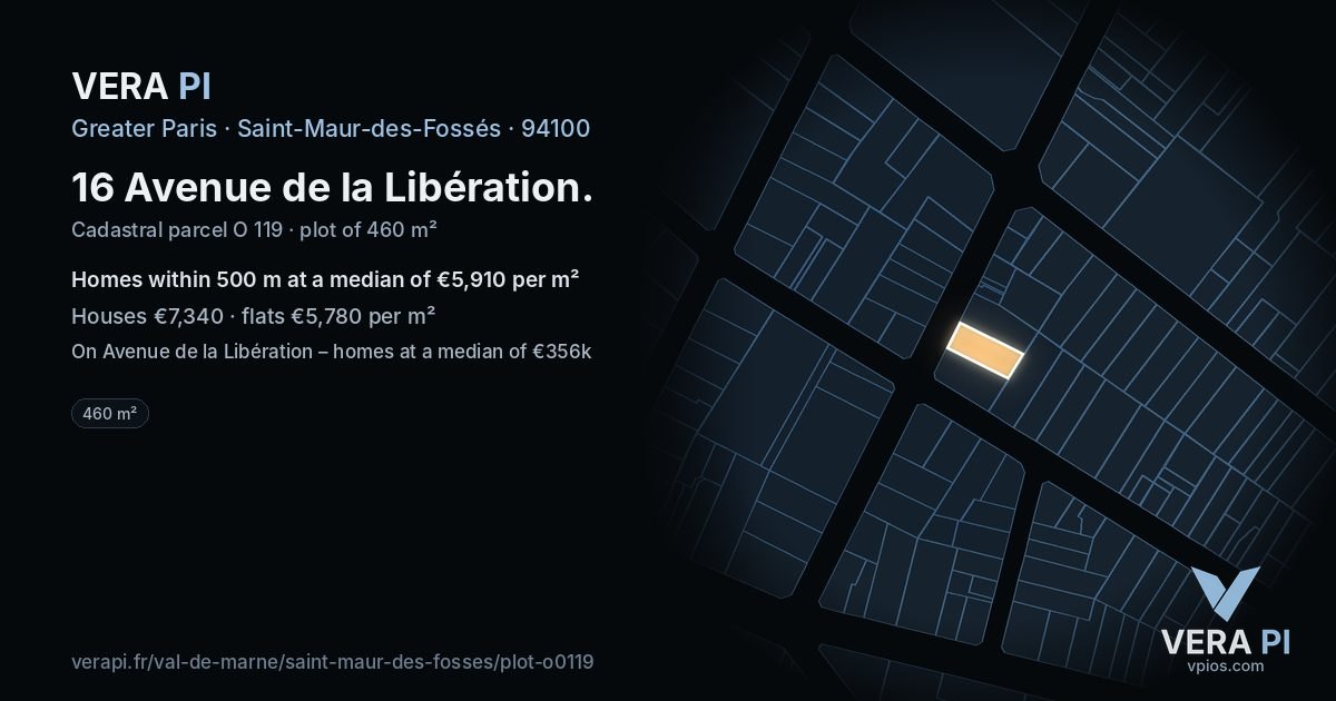 16 Avenue de la Libération, Saint-Maur-des-Fossés at night – the plot lit, the parcels around coloured by the prices near them