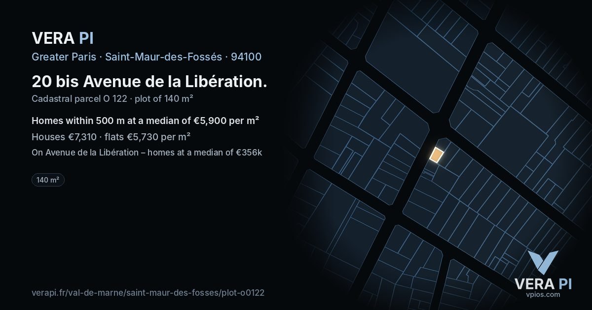 20 bis Avenue de la Libération, Saint-Maur-des-Fossés at night – the plot lit, the parcels around coloured by the prices near them