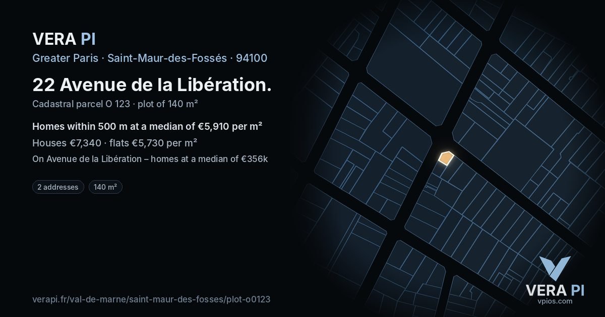 22 Avenue de la Libération, Saint-Maur-des-Fossés at night – the plot lit, the parcels around coloured by the prices near them