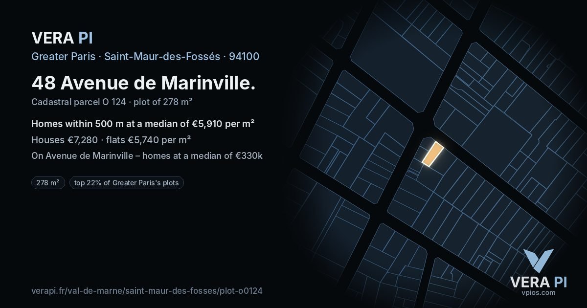 48 Avenue de Marinville, Saint-Maur-des-Fossés at night – the plot lit, the parcels around coloured by the prices near them
