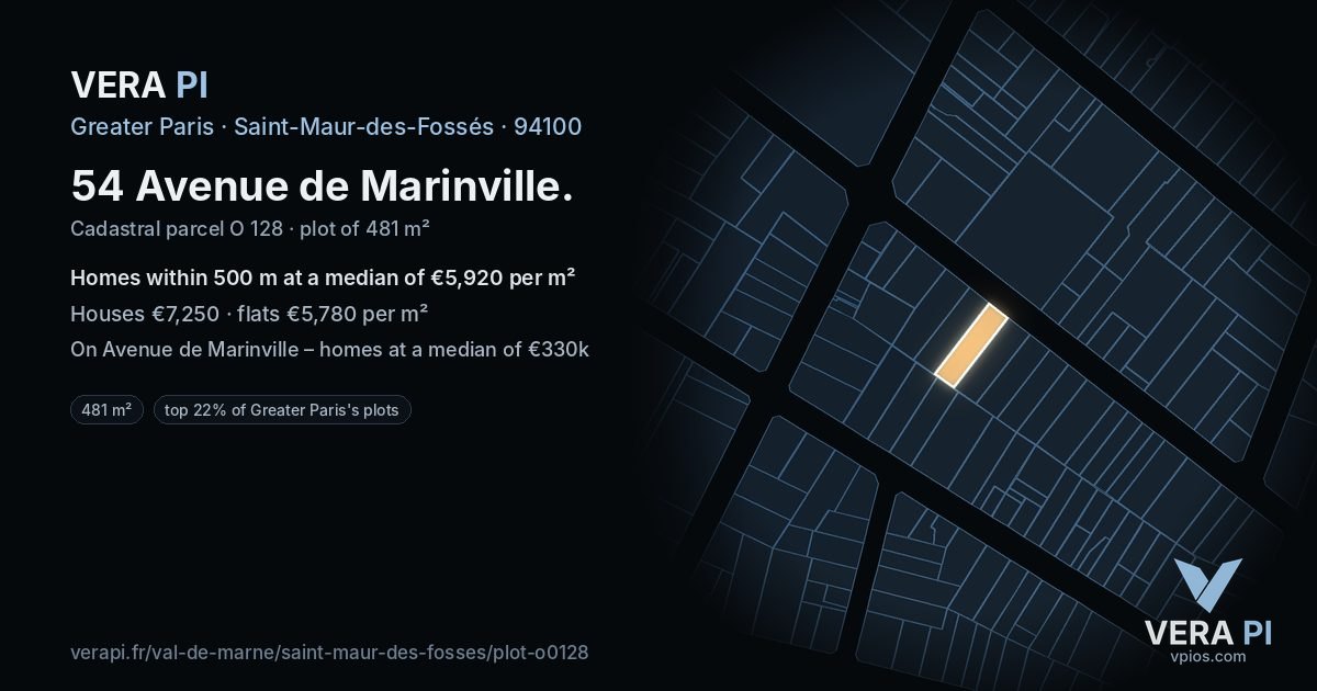 54 Avenue de Marinville, Saint-Maur-des-Fossés at night – the plot lit, the parcels around coloured by the prices near them