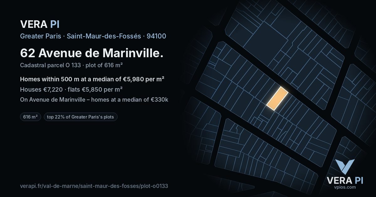 62 Avenue de Marinville, Saint-Maur-des-Fossés at night – the plot lit, the parcels around coloured by the prices near them