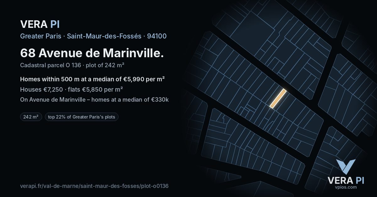 68 Avenue de Marinville, Saint-Maur-des-Fossés at night – the plot lit, the parcels around coloured by the prices near them