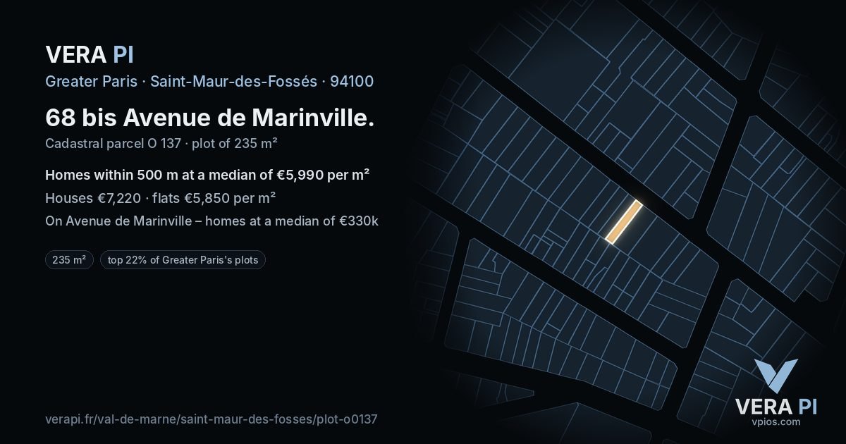 68 bis Avenue de Marinville, Saint-Maur-des-Fossés at night – the plot lit, the parcels around coloured by the prices near them