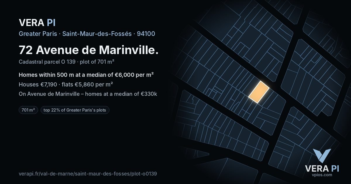 72 Avenue de Marinville, Saint-Maur-des-Fossés at night – the plot lit, the parcels around coloured by the prices near them