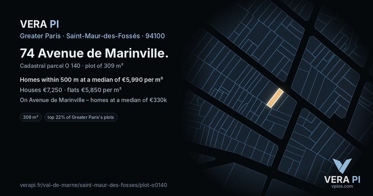 74 Avenue de Marinville, Saint-Maur-des-Fossés at night – the plot lit, the parcels around coloured by the prices near them