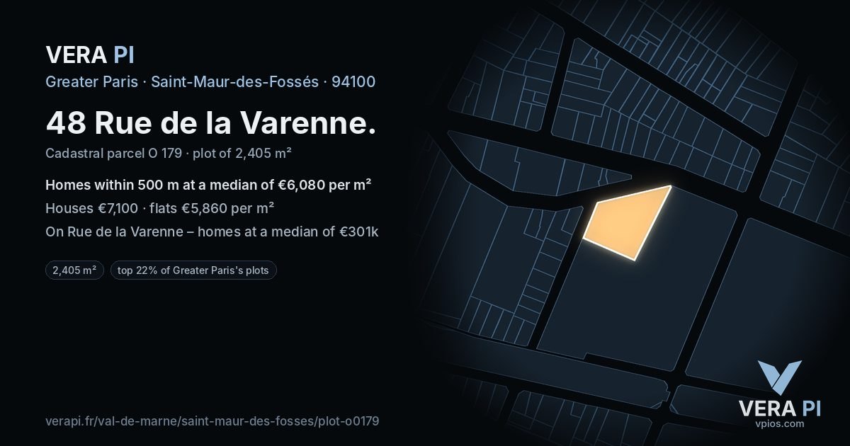 48 Rue de la Varenne, Saint-Maur-des-Fossés at night – the plot lit, the parcels around coloured by the prices near them