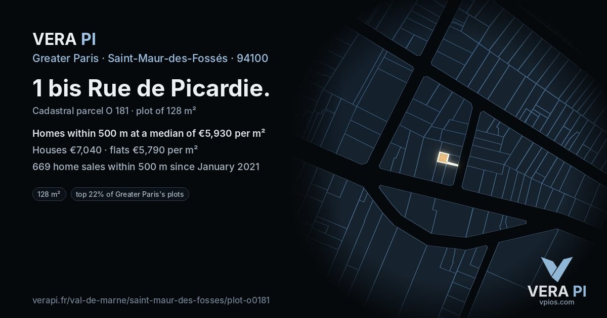 1 bis Rue de Picardie, Saint-Maur-des-Fossés at night – the plot lit, the parcels around coloured by the prices near them