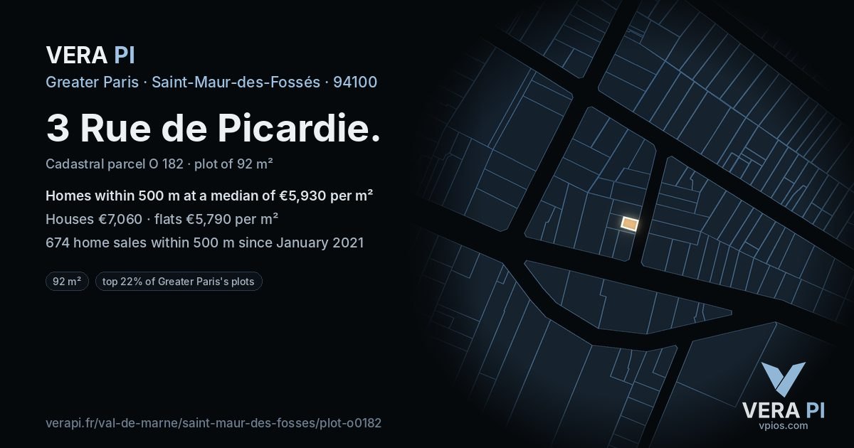 3 Rue de Picardie, Saint-Maur-des-Fossés at night – the plot lit, the parcels around coloured by the prices near them